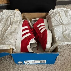 adidas Red Suede Gazelle Sneakers with White Stripes